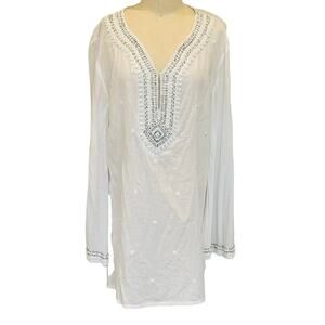 Badgley Mischka White Beaded Tunic Top